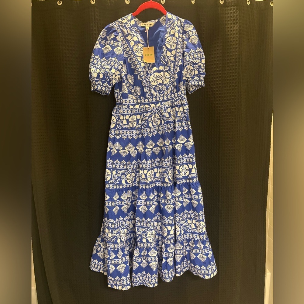 Boden Bella Puff Sleeve Maxi Dress 6P Bright Blue, Ornate Border NWT - Picture 5 of 7